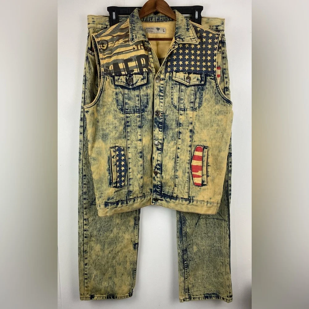 Diamond Stash size Large/38 Men’s Sahara American Flag Jacket Vest & Jeans - Picture 1 of 16